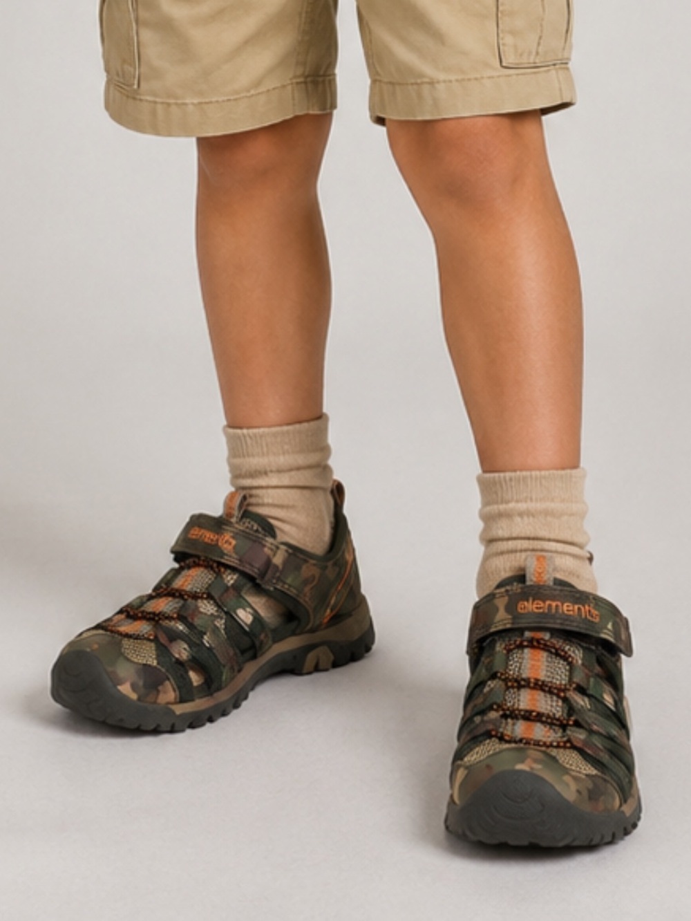 Element Kids Camo sandles with Orange Accents, size 5.5